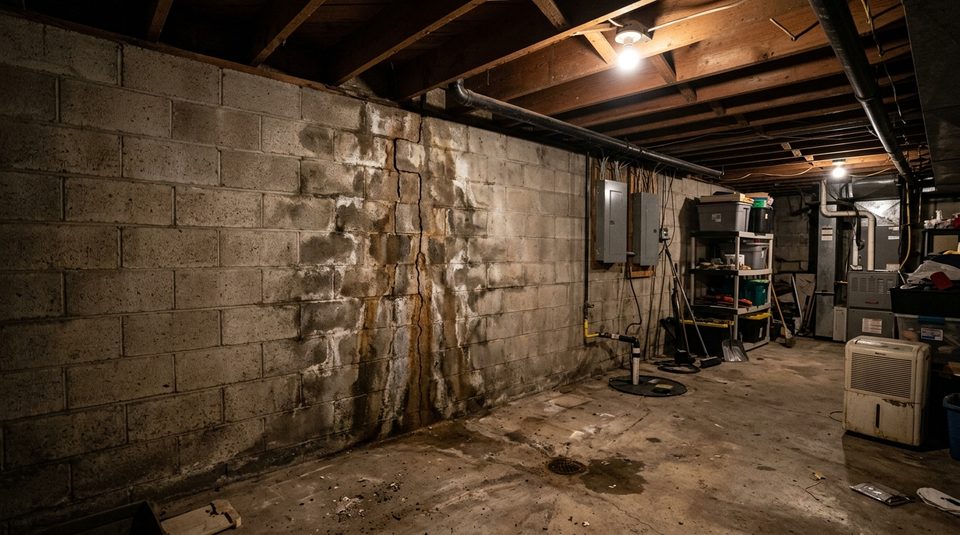 Cracked concrete block foundation wall with water staining in a Renfrew County basement